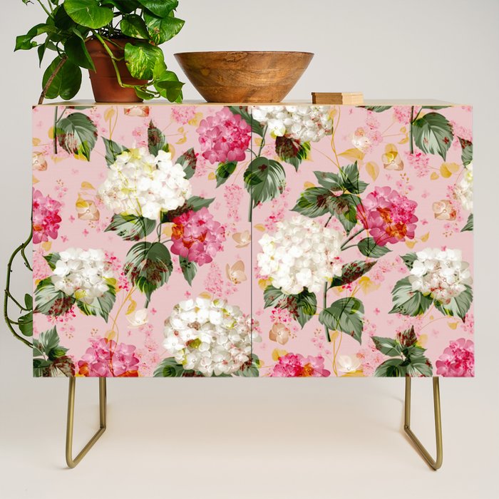 Vintage green pink white bohemian hortensia flowers Credenza Gallery Image 1