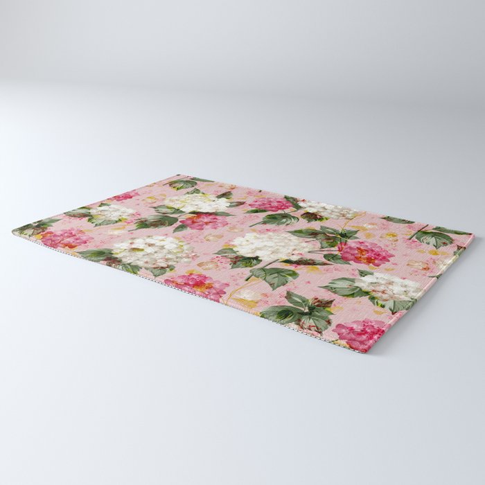 Vintage green pink white bohemian hortensia flowers Rug Gallery Image 3