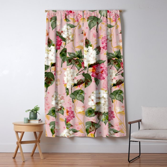 Vintage green pink white bohemian hortensia flowers Window Curtain Gallery Image 1