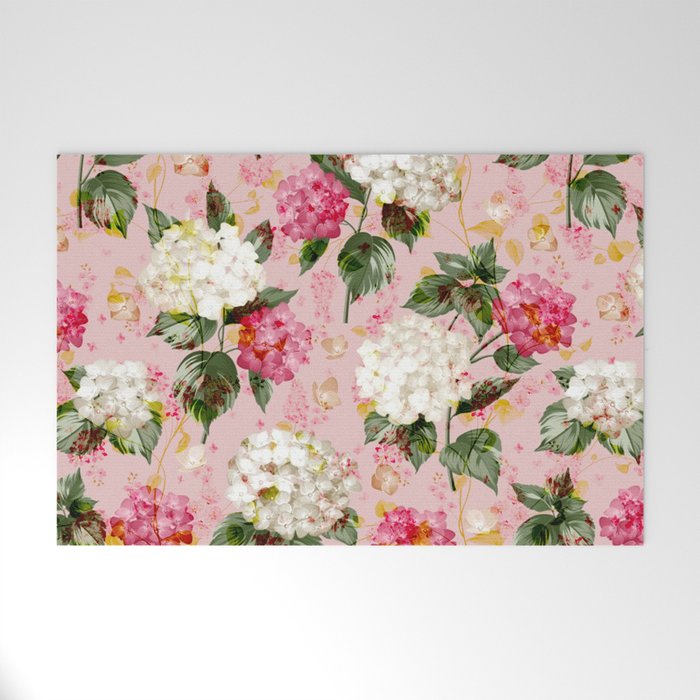Vintage green pink white bohemian hortensia flowers Welcome Mat Gallery Image 1