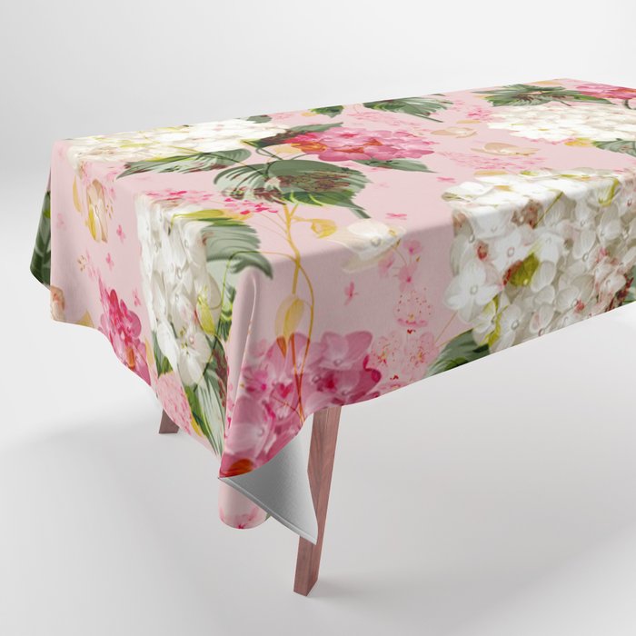 Vintage green pink white bohemian hortensia flowers Tablecloth Gallery Image 1