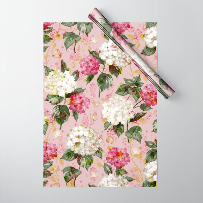 Vintage green pink white bohemian hortensia flowers Wrapping Paper Gallery Image 1