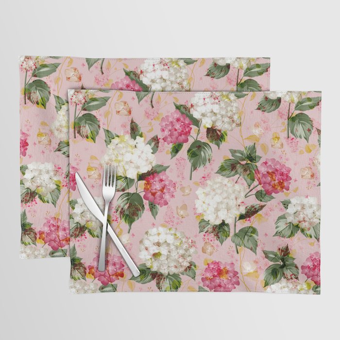 Vintage green pink white bohemian hortensia flowers Placemat Gallery Image 1
