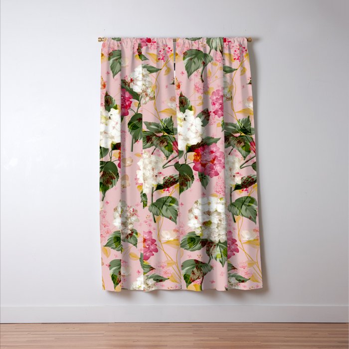 Vintage green pink white bohemian hortensia flowers Window Curtain Gallery Image 3