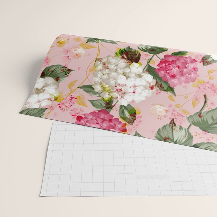 Vintage green pink white bohemian hortensia flowers Wrapping Paper Gallery Image 2