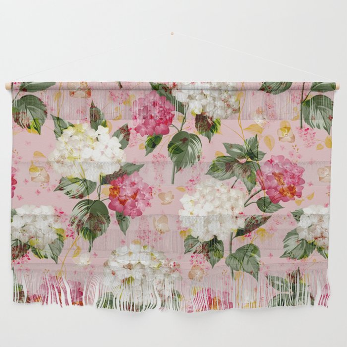 Vintage green pink white bohemian hortensia flowers Wall Hanging Gallery Image 1