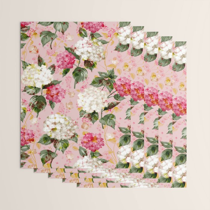 Vintage green pink white bohemian hortensia flowers Wrapping Paper Gallery Image 3