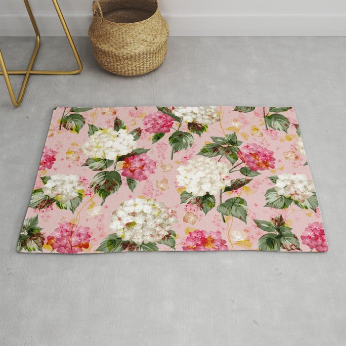Vintage green pink white bohemian hortensia flowers Rug Gallery Image 1