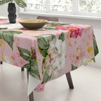 Vintage green pink white bohemian hortensia flowers Tablecloth Gallery Image 3