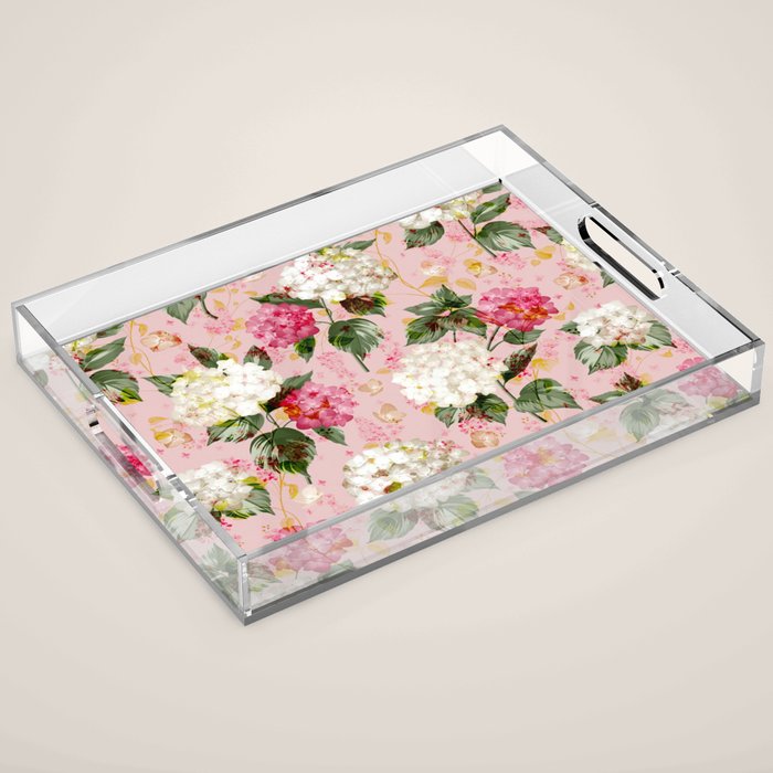 Vintage green pink white bohemian hortensia flowers Acrylic Tray Gallery Image 1