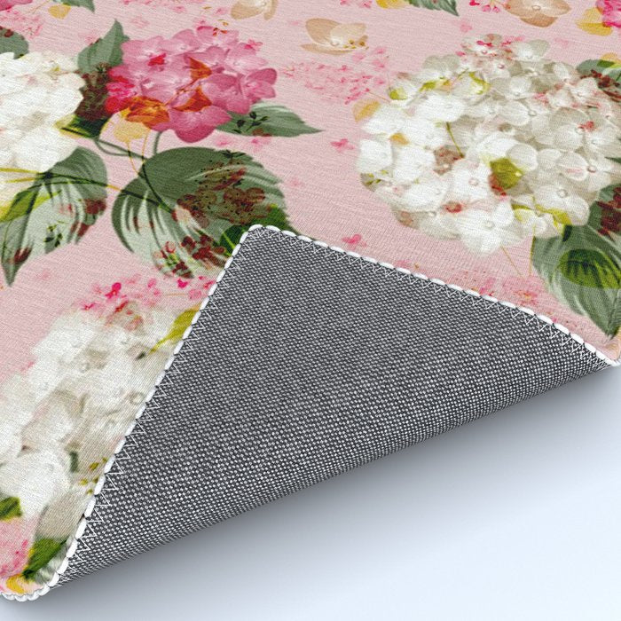 Vintage green pink white bohemian hortensia flowers Rug Gallery Image 4