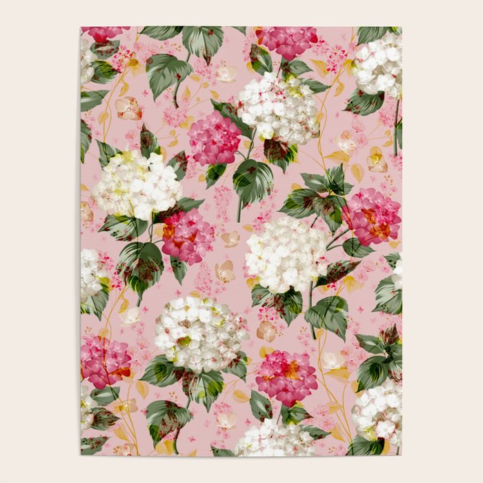 Vintage green pink white bohemian hortensia flowers Poster Gallery Image 1