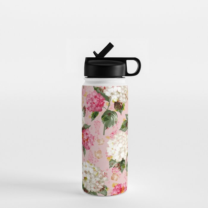 Vintage green pink white bohemian hortensia flowers Water Bottle Gallery Image 1