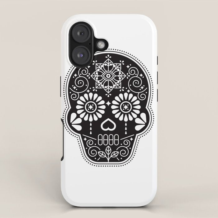 DÃ­a de Muertos Calavera â¢ Mexican Sugar Skull - Black Palette iPhone Case Gallery Image 1