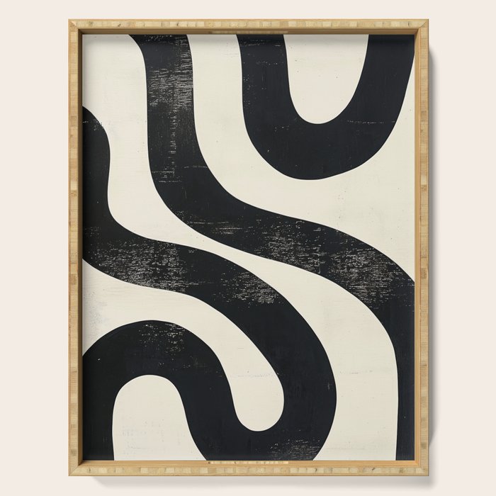 Abstract Minimalist Wavy Brushstrokes Black and White Print Serving Tray Gallery Image 1