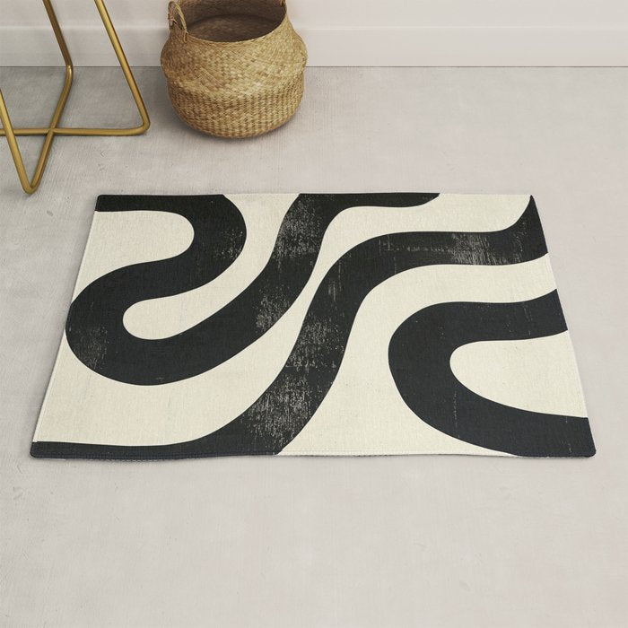 Abstract Minimalist Wavy Brushstrokes Black and White Print Rug Gallery Image 1