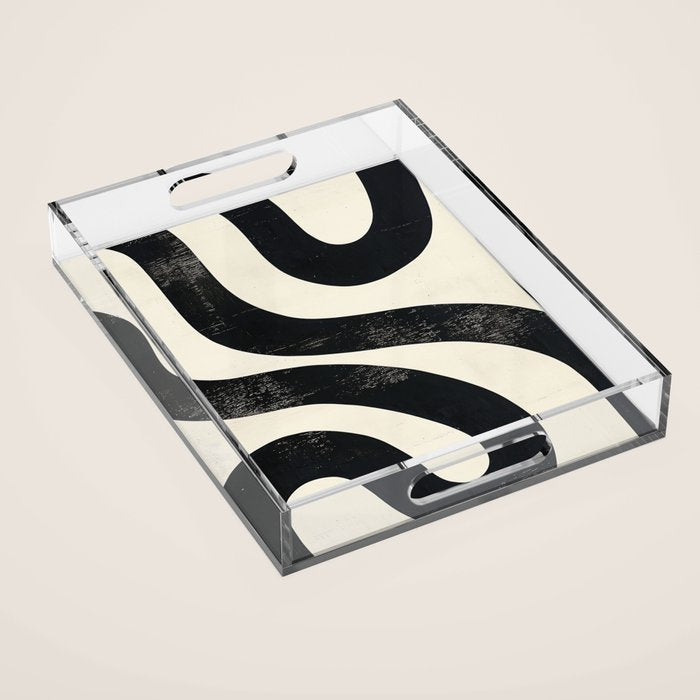 Abstract Minimalist Wavy Brushstrokes Black and White Print Acrylic Tray Gallery Image 1