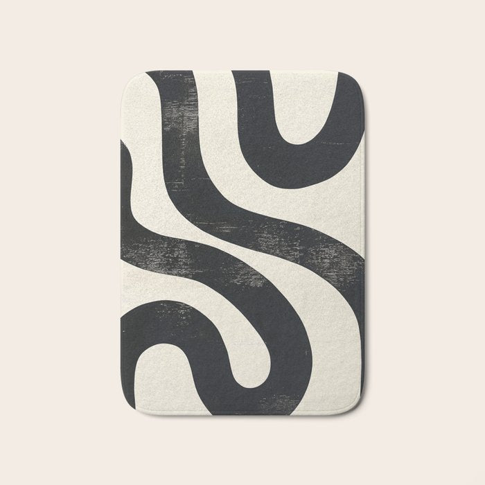 Abstract Minimalist Wavy Brushstrokes Black and White Print Bath Mat Gallery Image 1