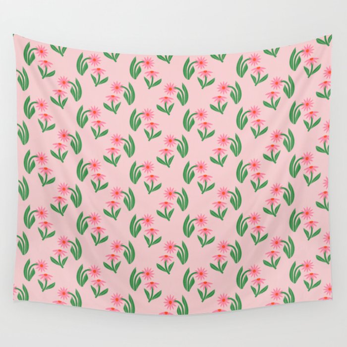 Pink Daisy Pattern - Pink Wall Tapestry Gallery Image 4