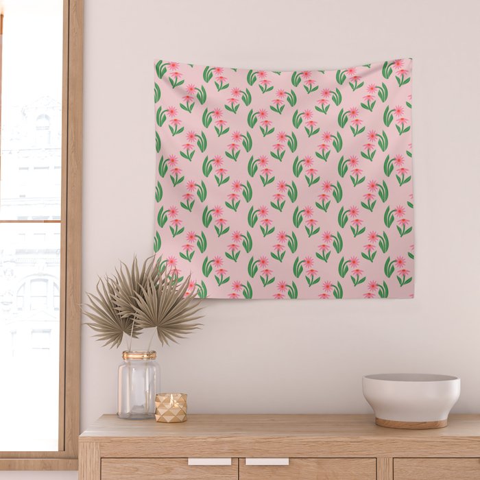 Pink Daisy Pattern - Pink Wall Tapestry Gallery Image 2
