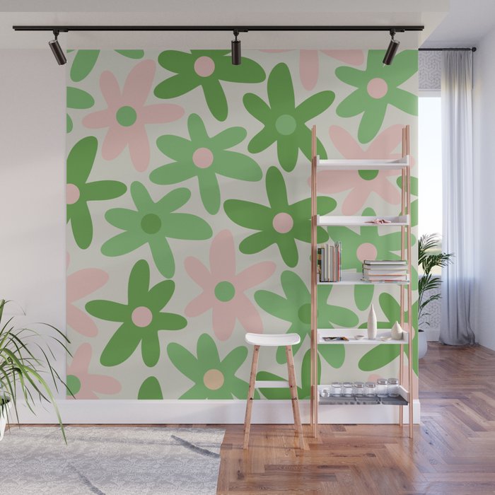 Flower Market Valencia Cute Retro Modern Floral Lime Green and Light Pink Wall Mural Gallery Image 1