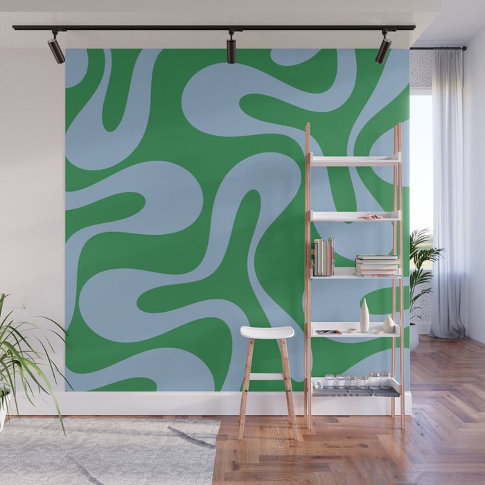 Soft Curves Retro Contemporary Abstract Pattern in Green and Light Blue Wall Mural Gallery Image 1
