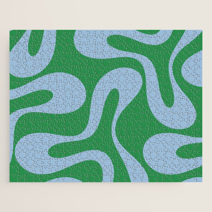 Soft Curves Retro Contemporary Abstract Pattern in Green and Light Blue Jigsaw Puzzle Gallery Image 1
