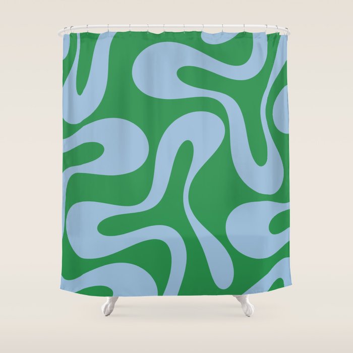 Soft Curves Retro Contemporary Abstract Pattern in Green and Light Blue Shower Curtain Gallery Image 1