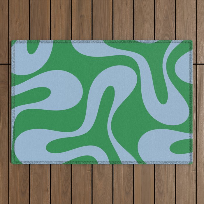 Soft Curves Retro Contemporary Abstract Pattern in Green and Light Blue Outdoor Rug Gallery Image 1