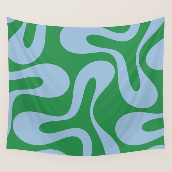 Soft Curves Retro Contemporary Abstract Pattern in Green and Light Blue Wall Tapestry Gallery Image 4