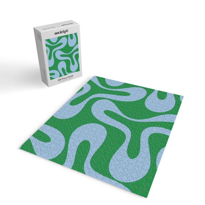 Soft Curves Retro Contemporary Abstract Pattern in Green and Light Blue Jigsaw Puzzle Gallery Image 2