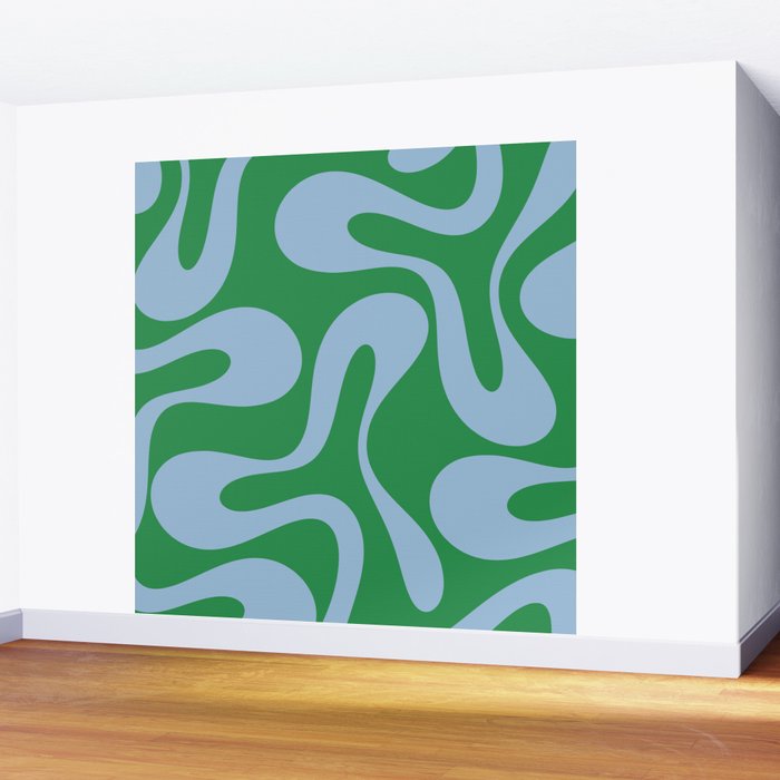 Soft Curves Retro Contemporary Abstract Pattern in Green and Light Blue Wall Mural Gallery Image 2
