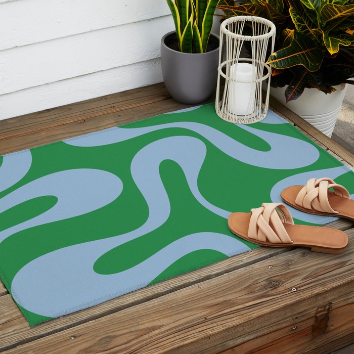 Soft Curves Retro Contemporary Abstract Pattern in Green and Light Blue Outdoor Rug Gallery Image 2