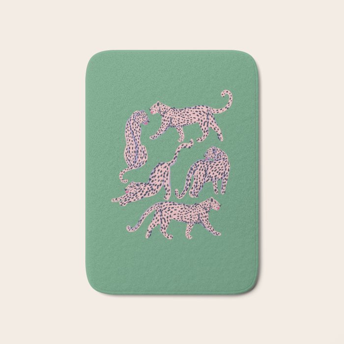 Modern abstract pink leopards in emerald green background  Bath Mat Gallery Image 1