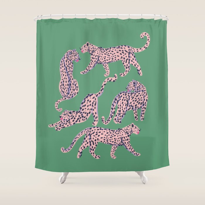 Modern abstract pink leopards in emerald green background  Shower Curtain Gallery Image 1