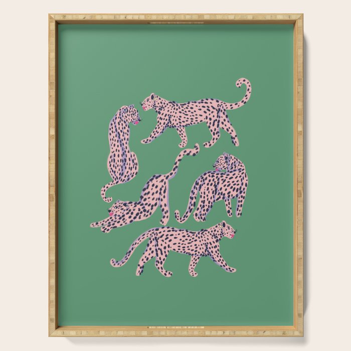 Modern abstract pink leopards in emerald green background  Serving Tray Gallery Image 1