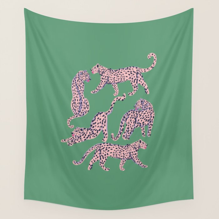 Modern abstract pink leopards in emerald green background  Wall Tapestry Gallery Image 1