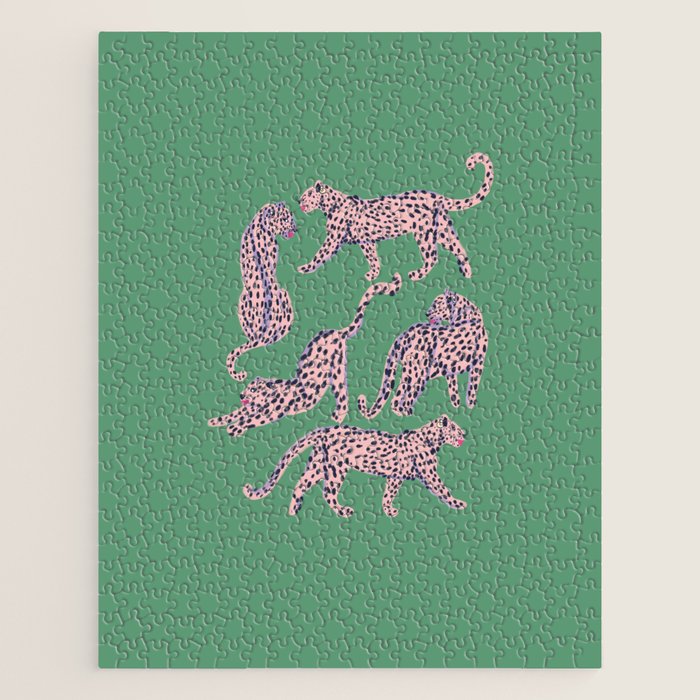 Modern abstract pink leopards in emerald green background  Jigsaw Puzzle Gallery Image 1