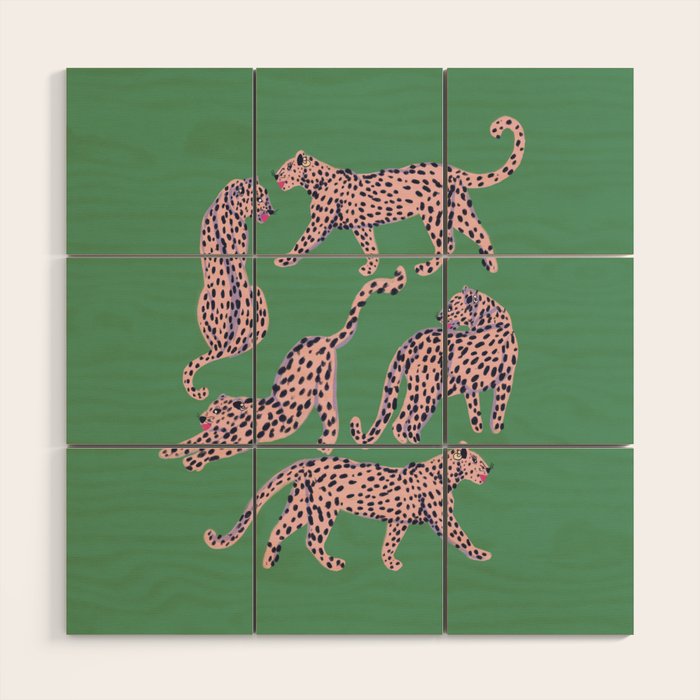 Modern abstract pink leopards in emerald green background  Wood Wall Art Gallery Image 1