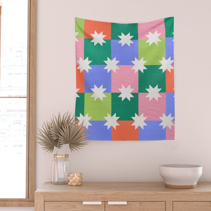 Checkered holiday pattern with stars Wall Tapestry Gallery Image 2