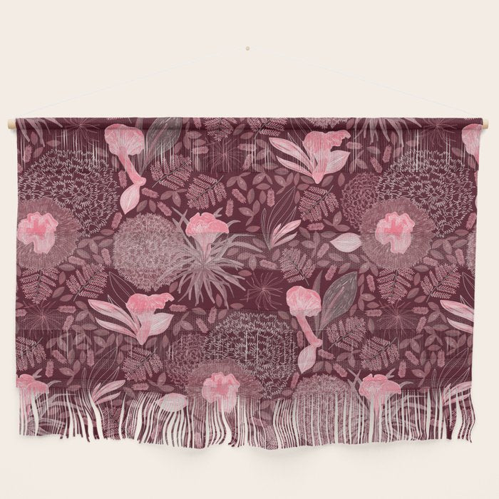 Forest Full of Wild Mushrooms in Burgundy & Peach Wall Hanging Gallery Image 1