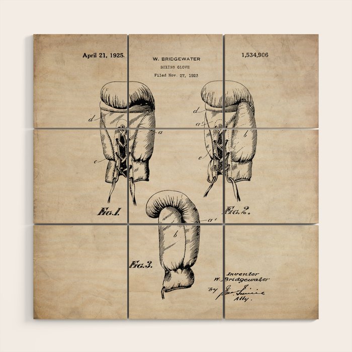 Boxing Gloves Patent - Boxer Trainer Coach Gym Art - Antique Wood Wall Art Gallery Image 1