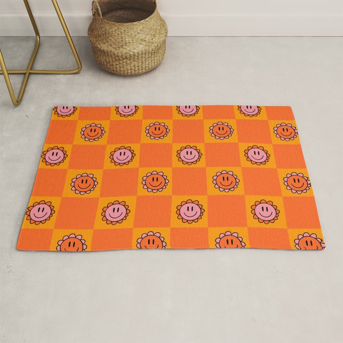 Orange Smiley Face Checkerboard Print Rug Gallery Image 1