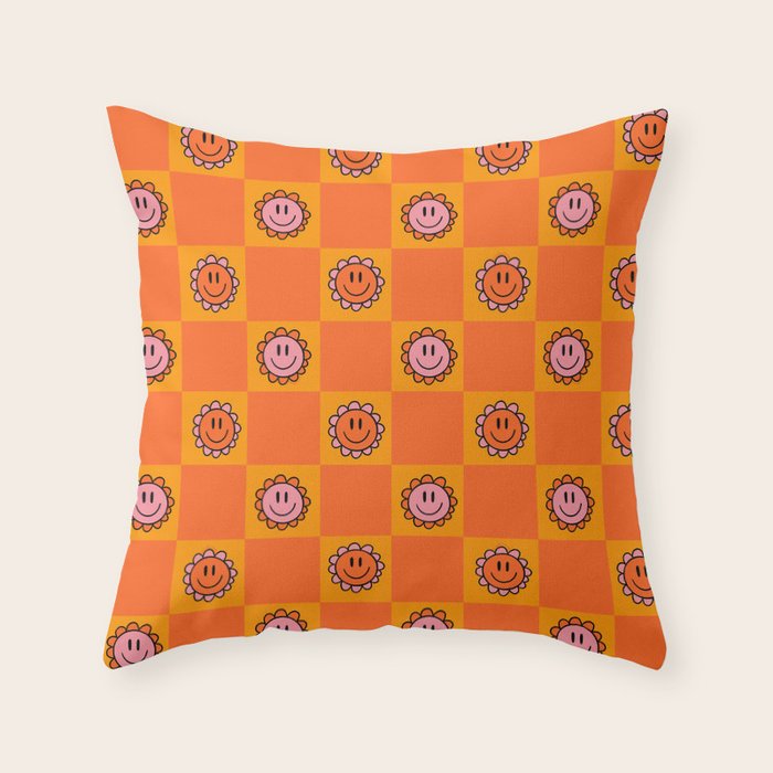 Orange Smiley Face Checkerboard Print Throw Pillow Gallery Image 6
