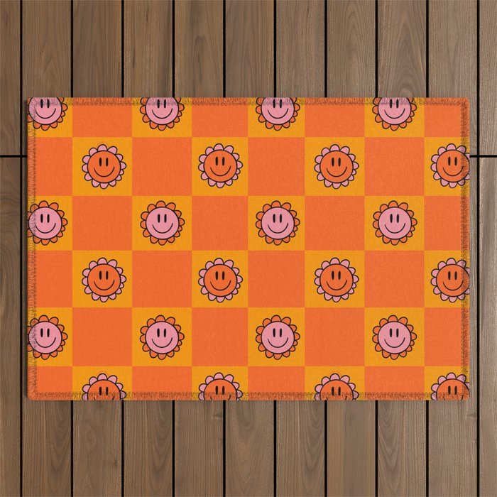 Orange Smiley Face Checkerboard Print Outdoor Rug Gallery Image 1