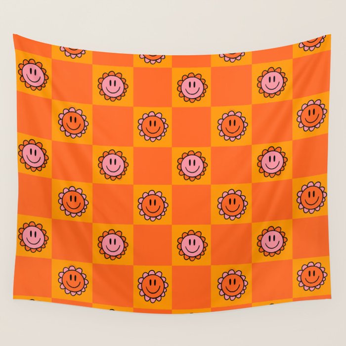 Orange Smiley Face Checkerboard Print Wall Tapestry Gallery Image 4