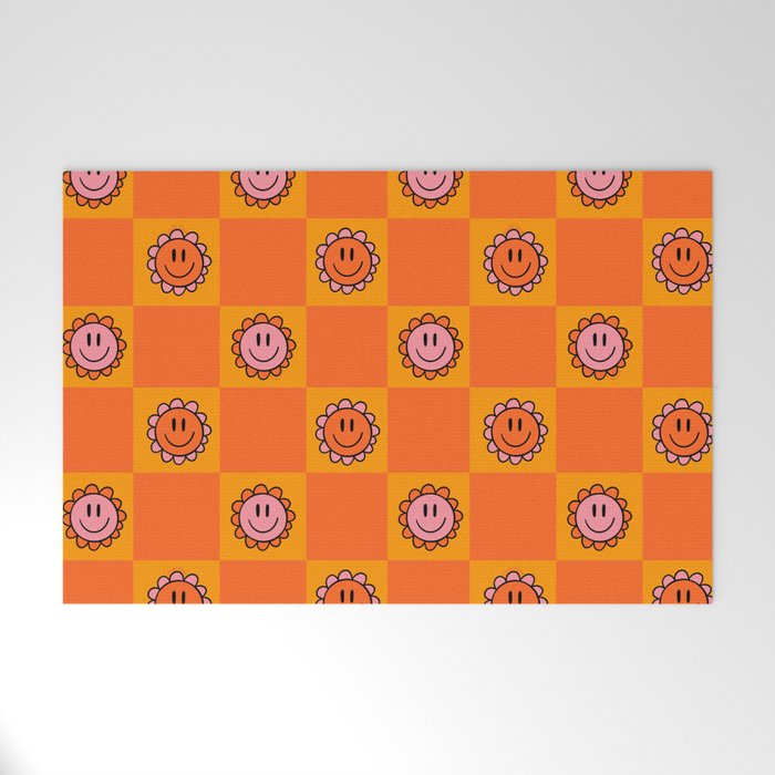 Orange Smiley Face Checkerboard Print Welcome Mat Gallery Image 1