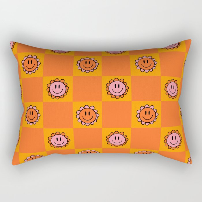 Orange Smiley Face Checkerboard Print Rectangular Pillow Gallery Image 1