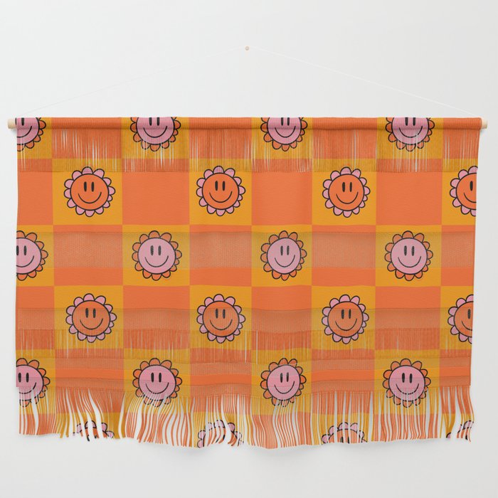 Orange Smiley Face Checkerboard Print Wall Hanging Gallery Image 1