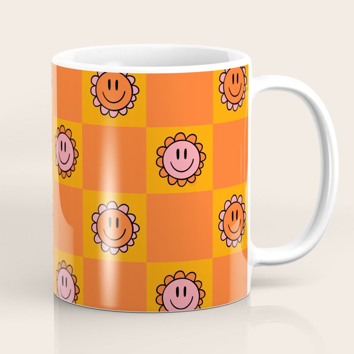 Orange Smiley Face Checkerboard Print Coffee Mug Gallery Image 1